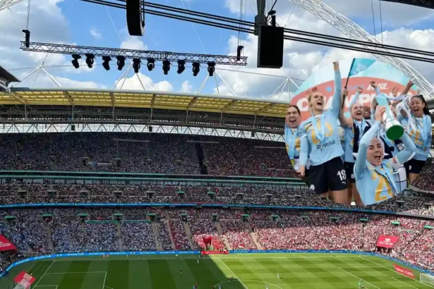 Man City Women Parade First WSL Trophy in Dagenham Celebration